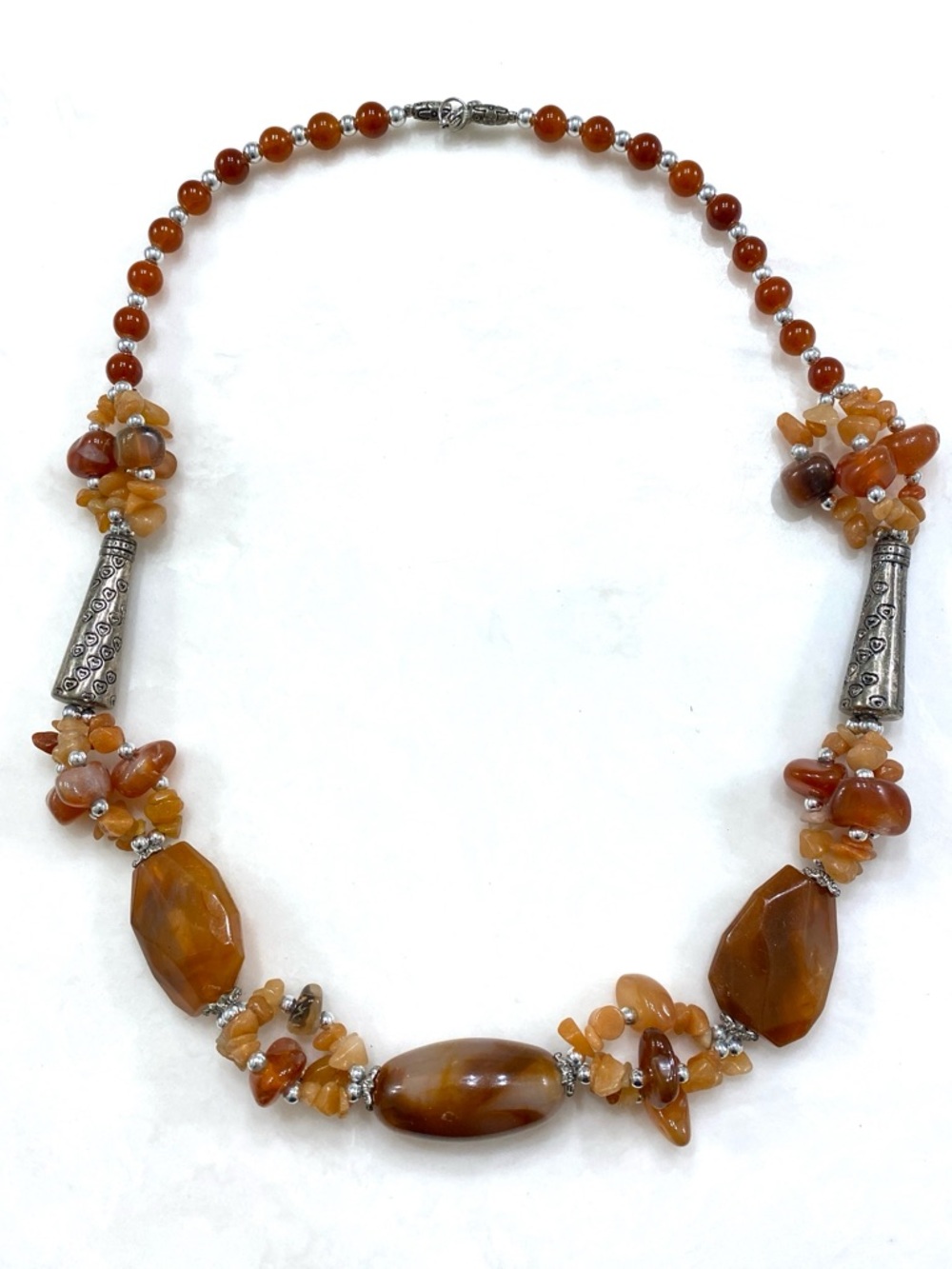 Vintage Carnelian and Silver-Tone Beaded Necklace - Brown and Orange